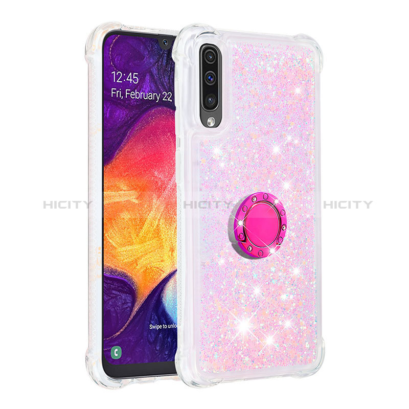 Silikon Hülle Handyhülle Gummi Schutzhülle Flexible Tasche Bling-Bling mit Fingerring Ständer S01 für Samsung Galaxy A30S Rosa