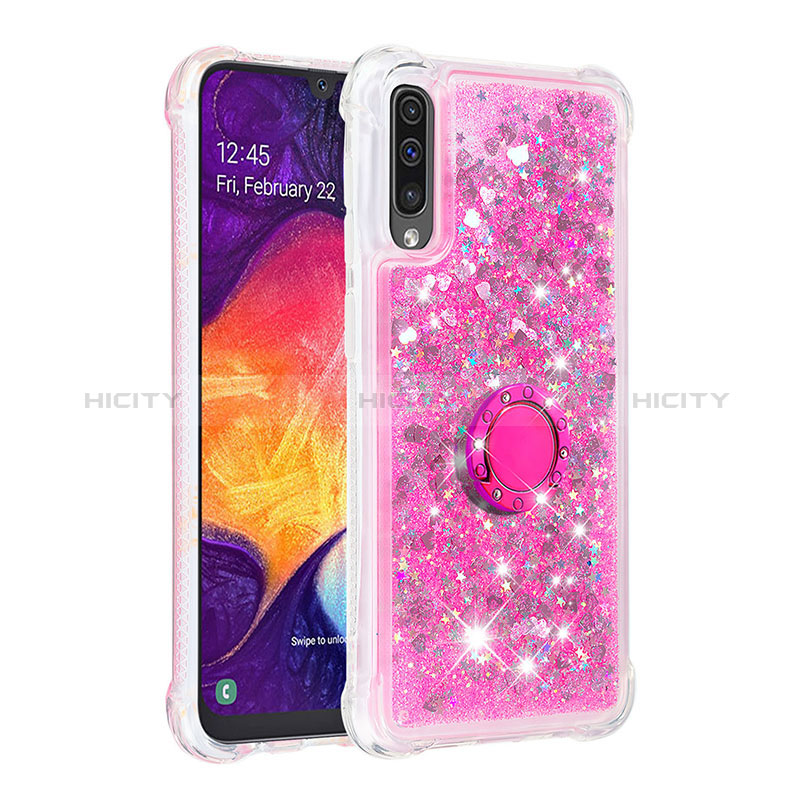 Silikon Hülle Handyhülle Gummi Schutzhülle Flexible Tasche Bling-Bling mit Fingerring Ständer S01 für Samsung Galaxy A50 Pink Plus