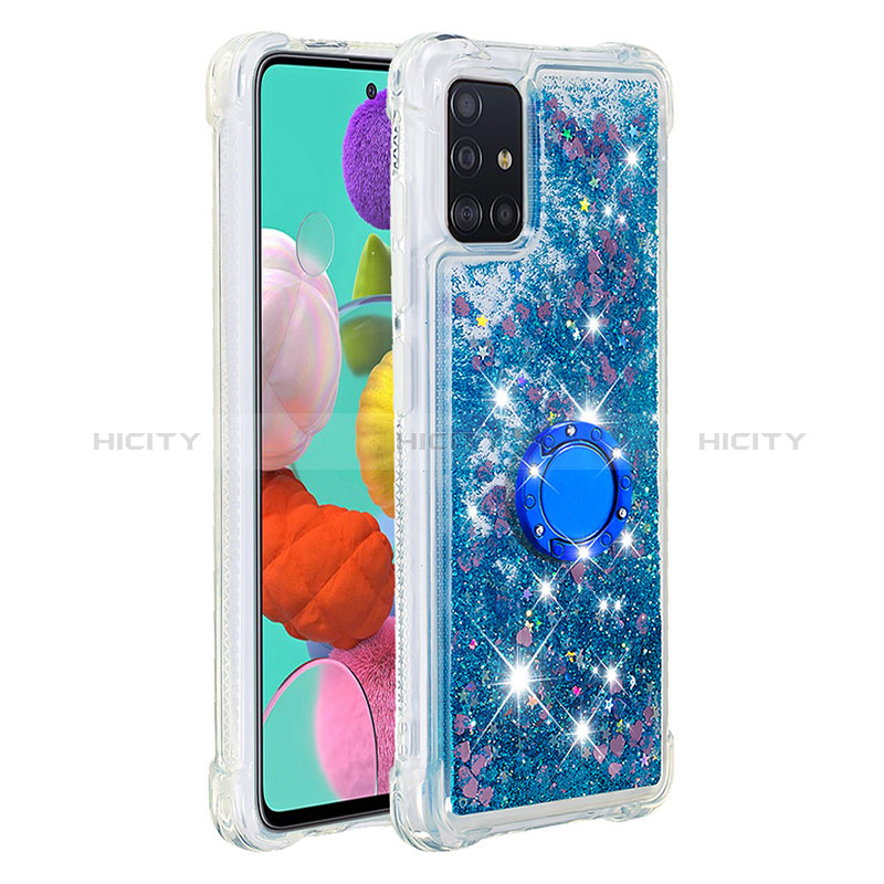 Silikon Hülle Handyhülle Gummi Schutzhülle Flexible Tasche Bling-Bling mit Fingerring Ständer S01 für Samsung Galaxy A51 4G Blau