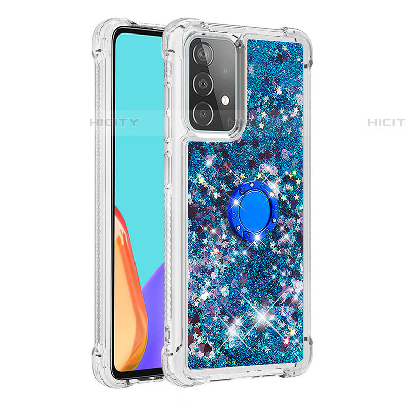 Silikon Hülle Handyhülle Gummi Schutzhülle Flexible Tasche Bling-Bling mit Fingerring Ständer S01 für Samsung Galaxy A52 4G Blau