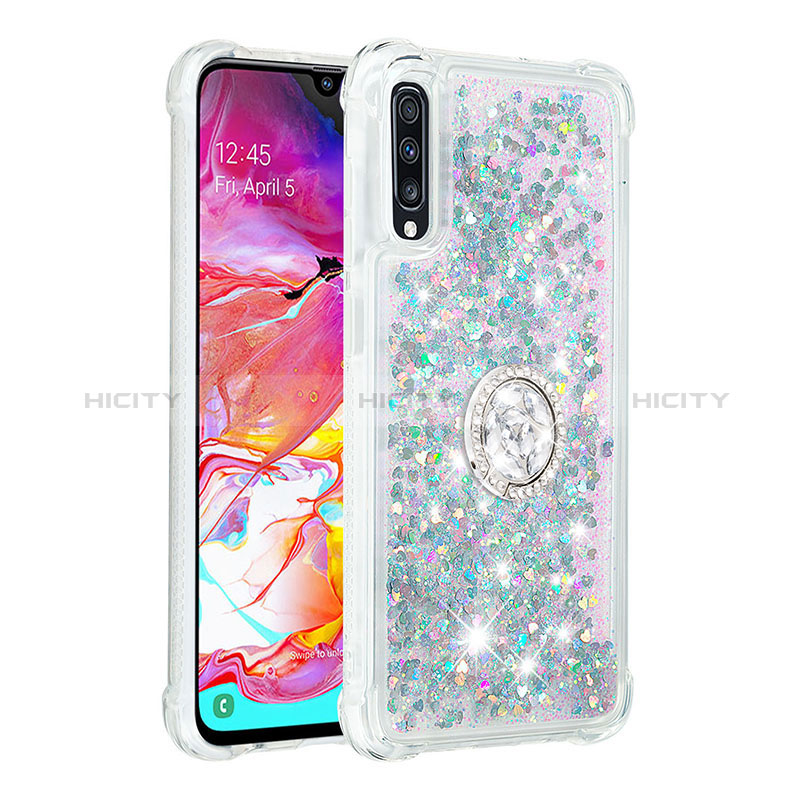 Silikon Hülle Handyhülle Gummi Schutzhülle Flexible Tasche Bling-Bling mit Fingerring Ständer S01 für Samsung Galaxy A70 groß