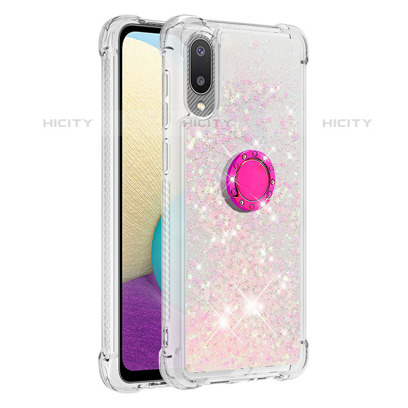 Silikon Hülle Handyhülle Gummi Schutzhülle Flexible Tasche Bling-Bling mit Fingerring Ständer S01 für Samsung Galaxy M02 Rosa