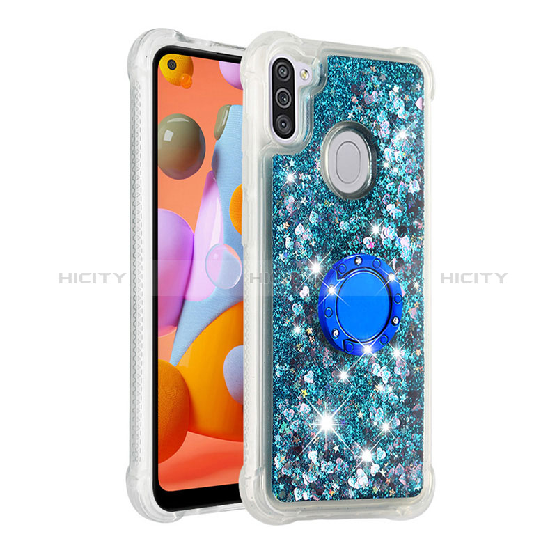 Silikon Hülle Handyhülle Gummi Schutzhülle Flexible Tasche Bling-Bling mit Fingerring Ständer S01 für Samsung Galaxy M11 Blau Plus