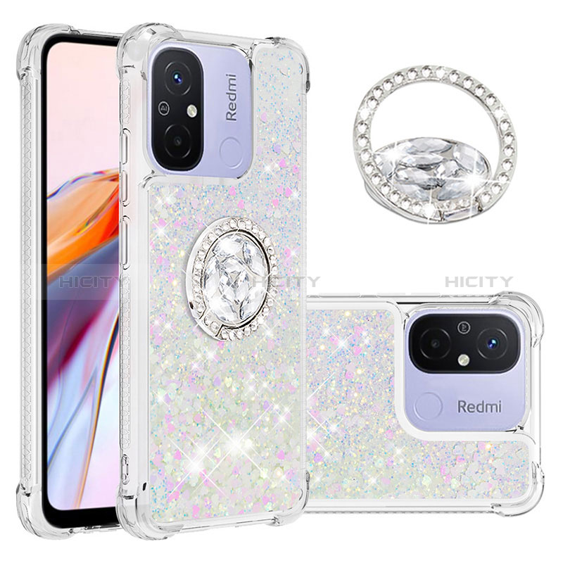 Silikon Hülle Handyhülle Gummi Schutzhülle Flexible Tasche Bling-Bling mit Fingerring Ständer S01 für Xiaomi Poco C55 Silber