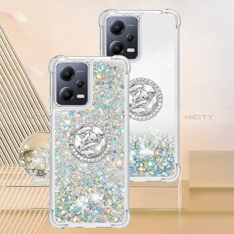 Silikon Hülle Handyhülle Gummi Schutzhülle Flexible Tasche Bling-Bling mit Fingerring Ständer S01 für Xiaomi Redmi Note 12 5G Silber