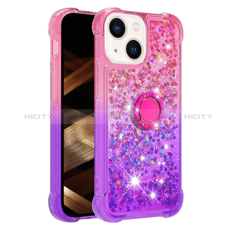 Silikon Hülle Handyhülle Gummi Schutzhülle Flexible Tasche Bling-Bling mit Fingerring Ständer S02 für Apple iPhone 14 Pink