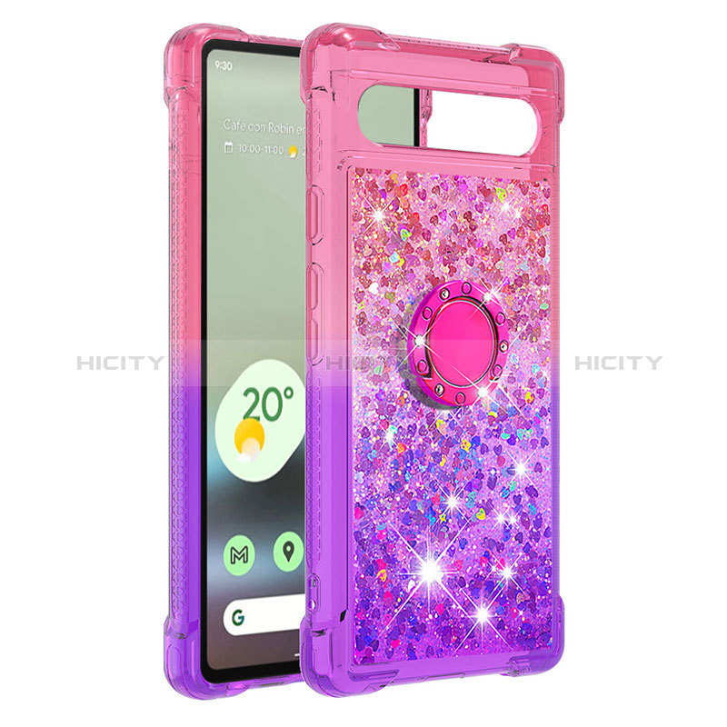 Silikon Hülle Handyhülle Gummi Schutzhülle Flexible Tasche Bling-Bling mit Fingerring Ständer S02 für Google Pixel 7a 5G Pink Plus