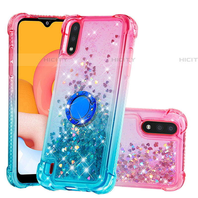 Silikon Hülle Handyhülle Gummi Schutzhülle Flexible Tasche Bling-Bling mit Fingerring Ständer S02 für Samsung Galaxy A01 SM-A015 groß