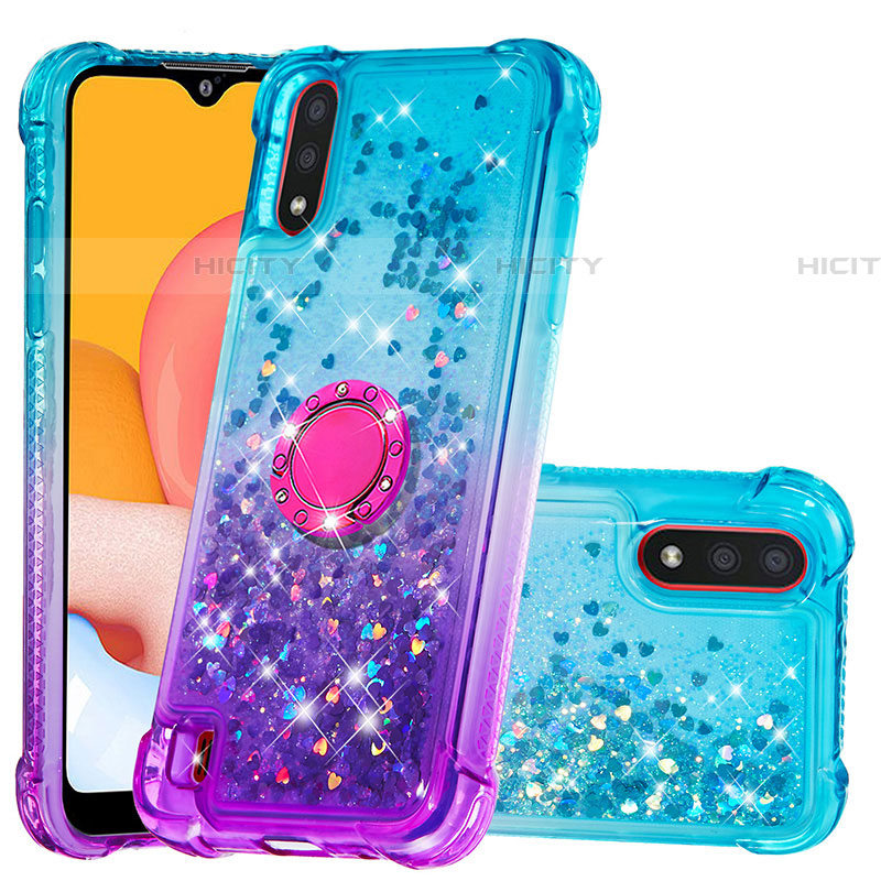 Silikon Hülle Handyhülle Gummi Schutzhülle Flexible Tasche Bling-Bling mit Fingerring Ständer S02 für Samsung Galaxy A01 SM-A015 Hellblau Plus