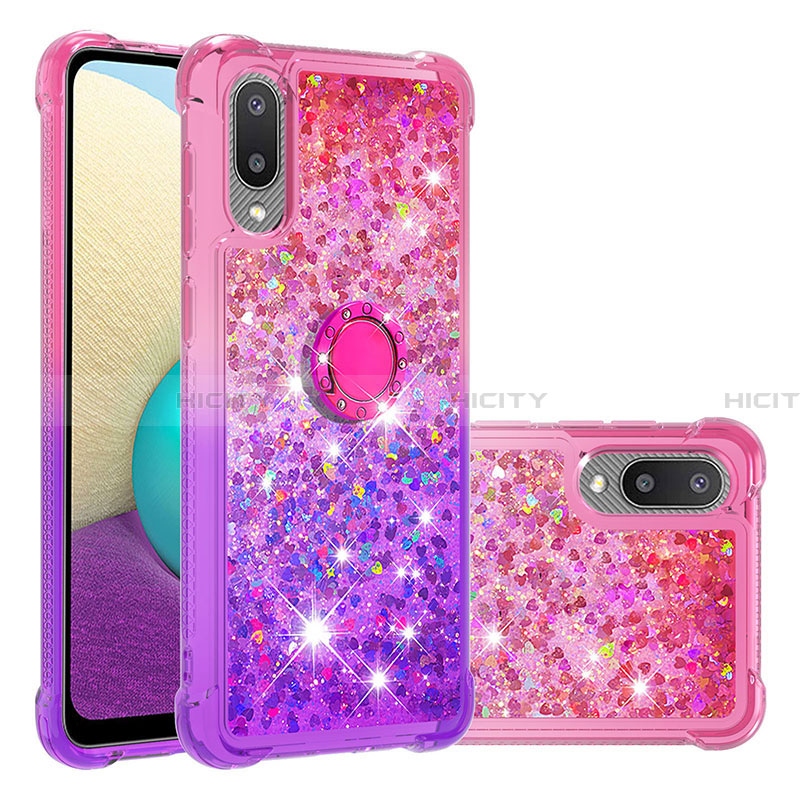 Silikon Hülle Handyhülle Gummi Schutzhülle Flexible Tasche Bling-Bling mit Fingerring Ständer S02 für Samsung Galaxy A02 Rosa