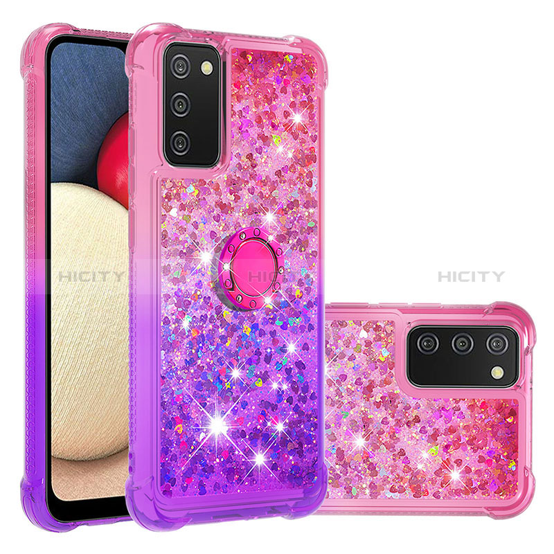 Silikon Hülle Handyhülle Gummi Schutzhülle Flexible Tasche Bling-Bling mit Fingerring Ständer S02 für Samsung Galaxy A02s Pink Plus