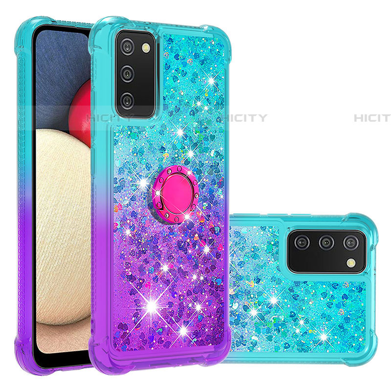 Silikon Hülle Handyhülle Gummi Schutzhülle Flexible Tasche Bling-Bling mit Fingerring Ständer S02 für Samsung Galaxy A03s Hellblau