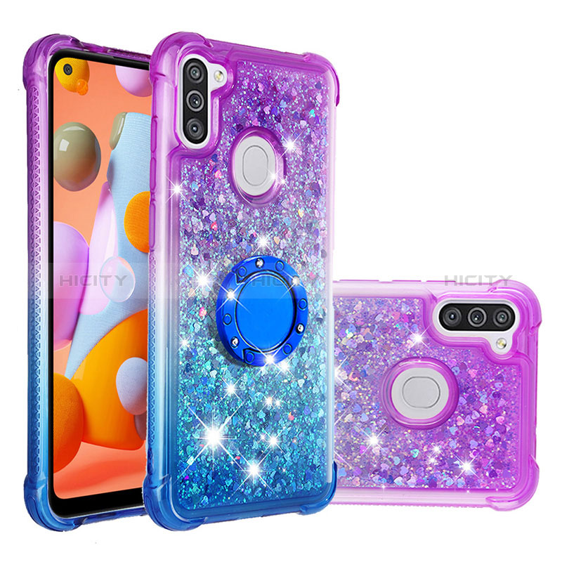 Silikon Hülle Handyhülle Gummi Schutzhülle Flexible Tasche Bling-Bling mit Fingerring Ständer S02 für Samsung Galaxy A11 Violett Plus