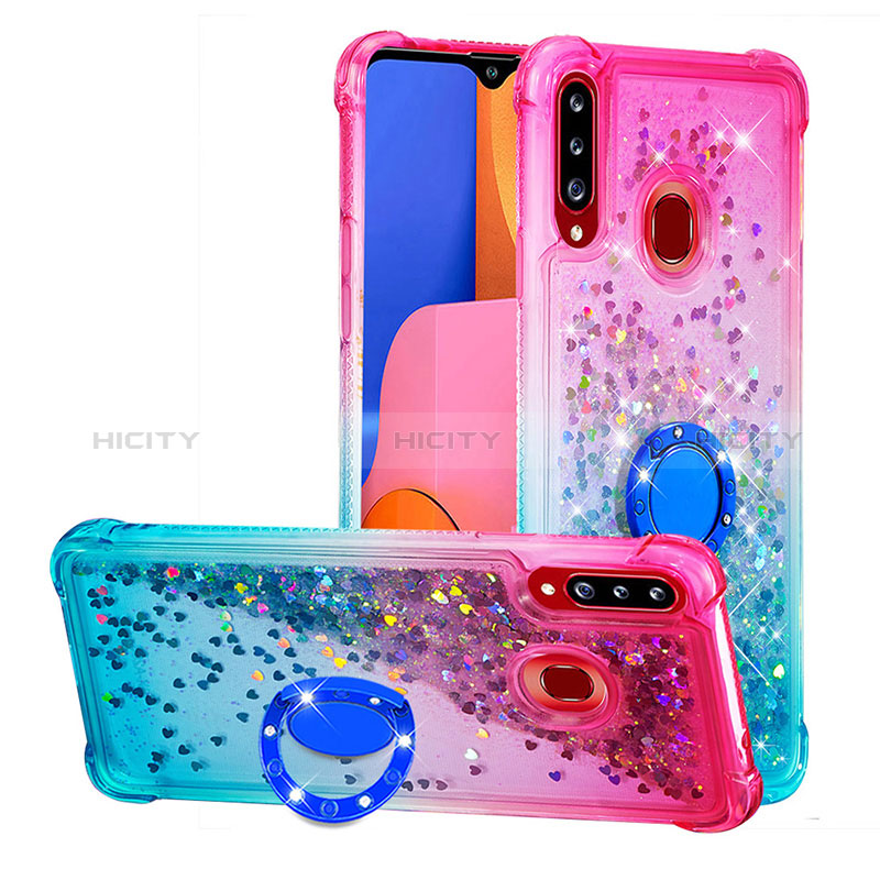 Silikon Hülle Handyhülle Gummi Schutzhülle Flexible Tasche Bling-Bling mit Fingerring Ständer S02 für Samsung Galaxy A20s Rosa