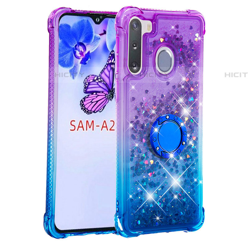 Silikon Hülle Handyhülle Gummi Schutzhülle Flexible Tasche Bling-Bling mit Fingerring Ständer S02 für Samsung Galaxy A21 European groß