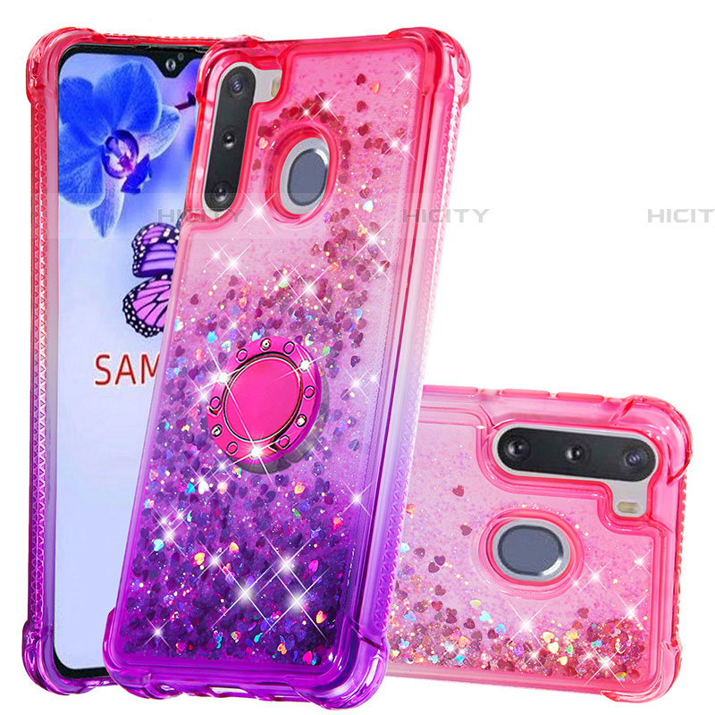 Silikon Hülle Handyhülle Gummi Schutzhülle Flexible Tasche Bling-Bling mit Fingerring Ständer S02 für Samsung Galaxy A21 European Pink Plus