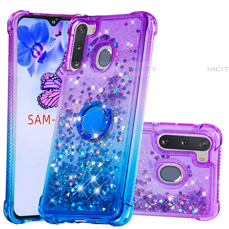 Silikon Hülle Handyhülle Gummi Schutzhülle Flexible Tasche Bling-Bling mit Fingerring Ständer S02 für Samsung Galaxy A21 European Violett Plus