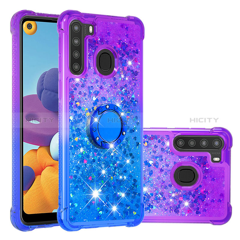 Silikon Hülle Handyhülle Gummi Schutzhülle Flexible Tasche Bling-Bling mit Fingerring Ständer S02 für Samsung Galaxy A21 Violett