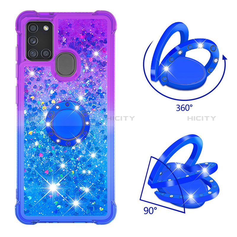 Silikon Hülle Handyhülle Gummi Schutzhülle Flexible Tasche Bling-Bling mit Fingerring Ständer S02 für Samsung Galaxy A21s groß