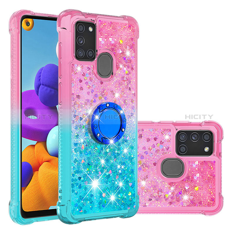 Silikon Hülle Handyhülle Gummi Schutzhülle Flexible Tasche Bling-Bling mit Fingerring Ständer S02 für Samsung Galaxy A21s Rosa