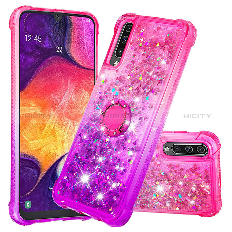 Silikon Hülle Handyhülle Gummi Schutzhülle Flexible Tasche Bling-Bling mit Fingerring Ständer S02 für Samsung Galaxy A30S Pink Plus