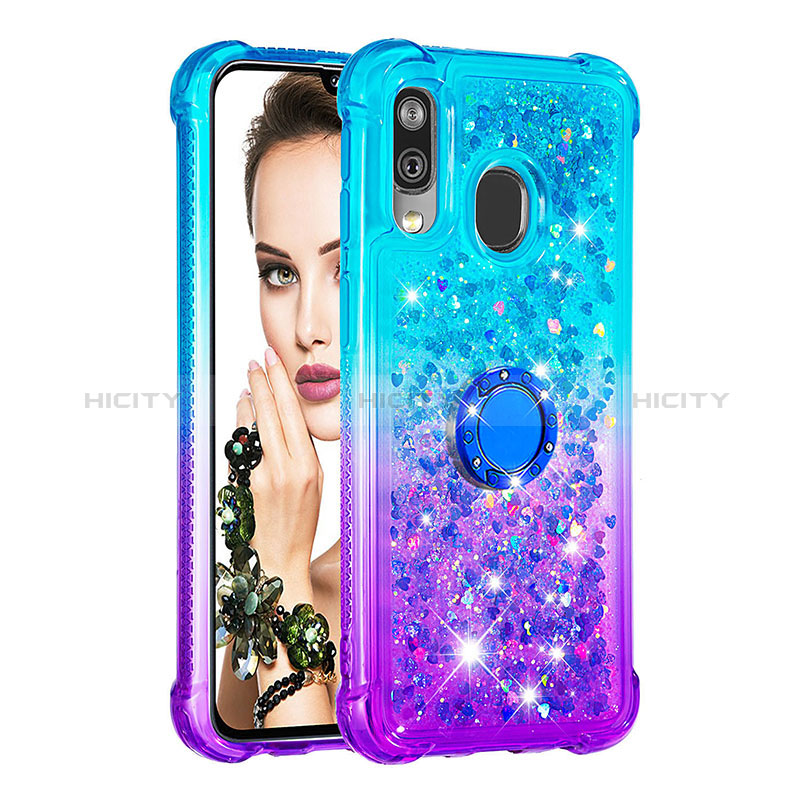 Silikon Hülle Handyhülle Gummi Schutzhülle Flexible Tasche Bling-Bling mit Fingerring Ständer S02 für Samsung Galaxy A40 Hellblau