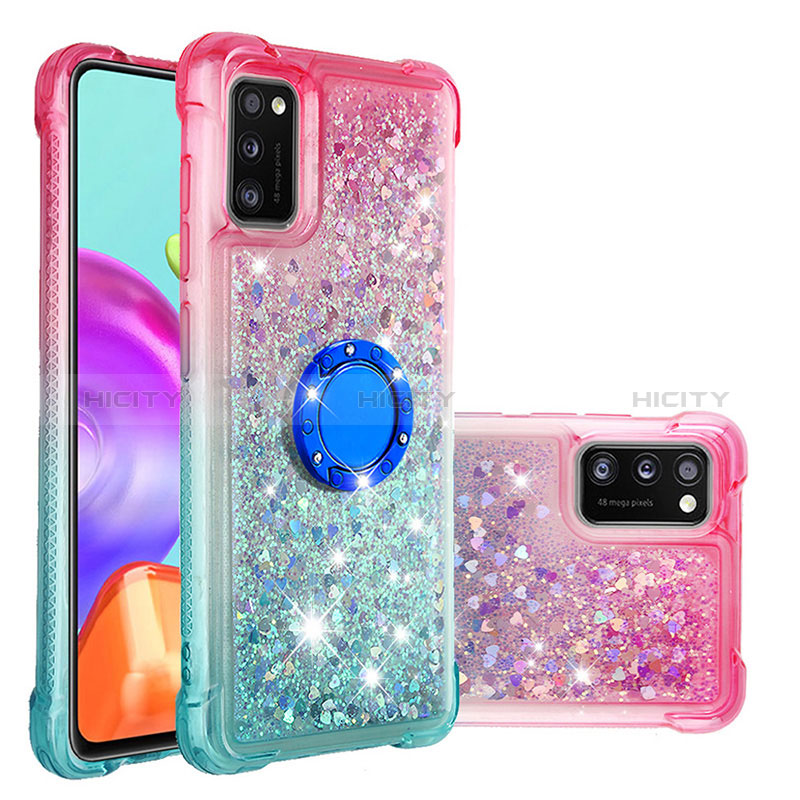 Silikon Hülle Handyhülle Gummi Schutzhülle Flexible Tasche Bling-Bling mit Fingerring Ständer S02 für Samsung Galaxy A41 Rosa Plus