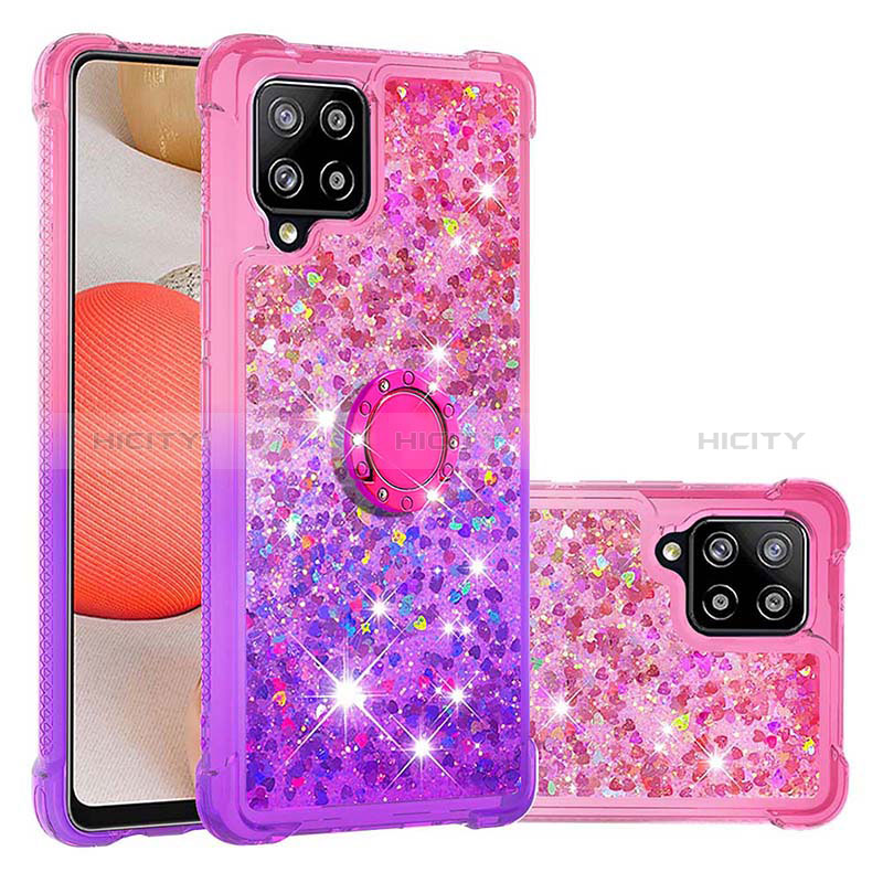 Silikon Hülle Handyhülle Gummi Schutzhülle Flexible Tasche Bling-Bling mit Fingerring Ständer S02 für Samsung Galaxy A42 5G Pink