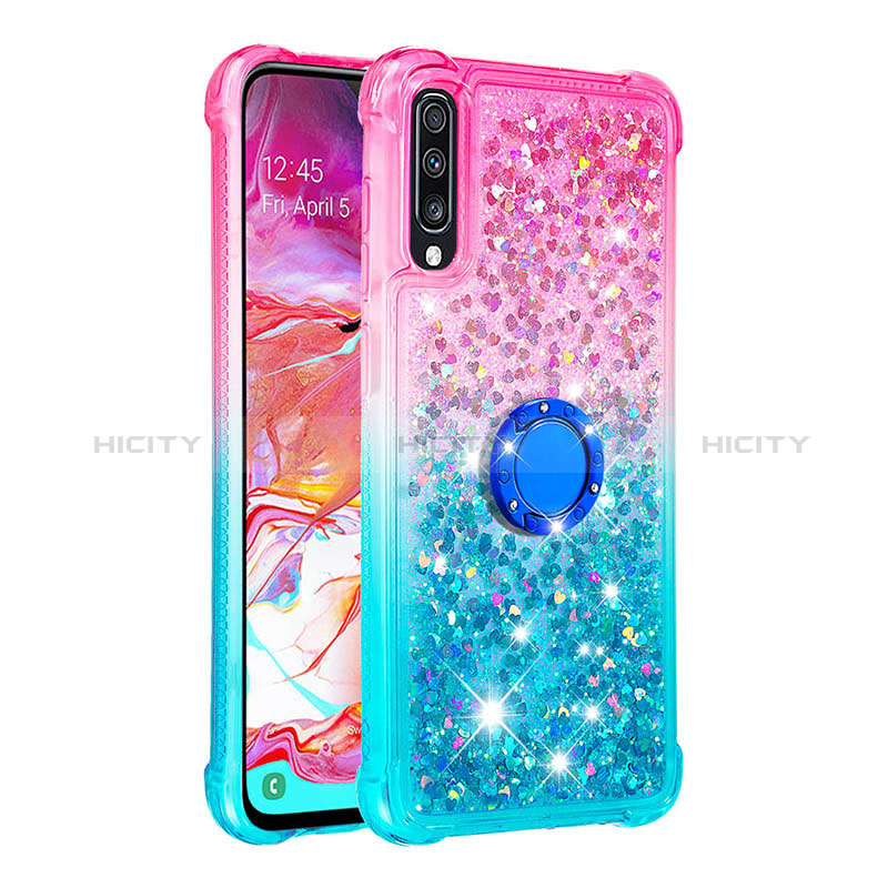 Silikon Hülle Handyhülle Gummi Schutzhülle Flexible Tasche Bling-Bling mit Fingerring Ständer S02 für Samsung Galaxy A70 Rosa