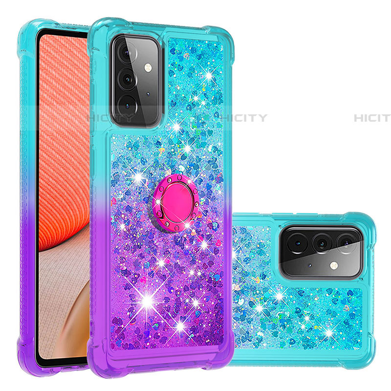 Silikon Hülle Handyhülle Gummi Schutzhülle Flexible Tasche Bling-Bling mit Fingerring Ständer S02 für Samsung Galaxy A72 4G Hellblau Plus