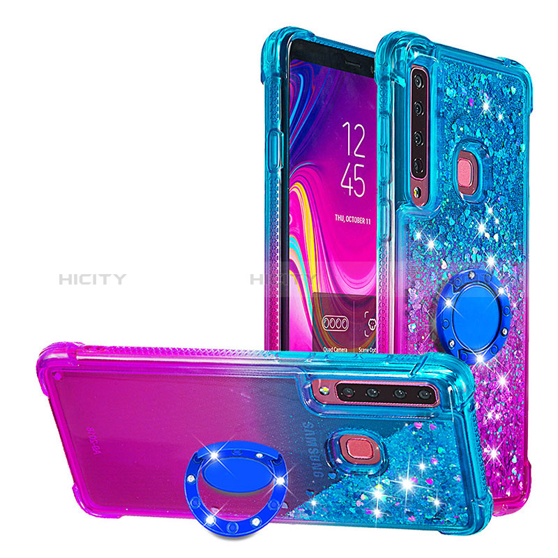 Silikon Hülle Handyhülle Gummi Schutzhülle Flexible Tasche Bling-Bling mit Fingerring Ständer S02 für Samsung Galaxy A9 (2018) A920 Hellblau Plus