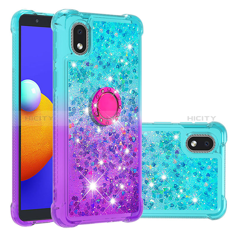 Silikon Hülle Handyhülle Gummi Schutzhülle Flexible Tasche Bling-Bling mit Fingerring Ständer S02 für Samsung Galaxy M01 Core Hellblau