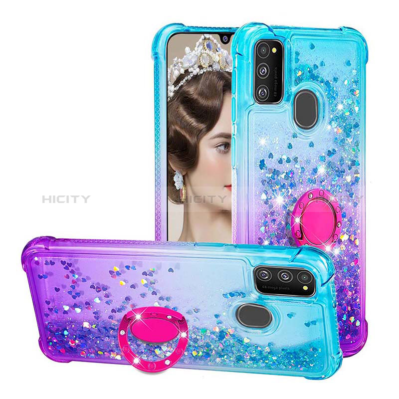 Silikon Hülle Handyhülle Gummi Schutzhülle Flexible Tasche Bling-Bling mit Fingerring Ständer S02 für Samsung Galaxy M21 Hellblau