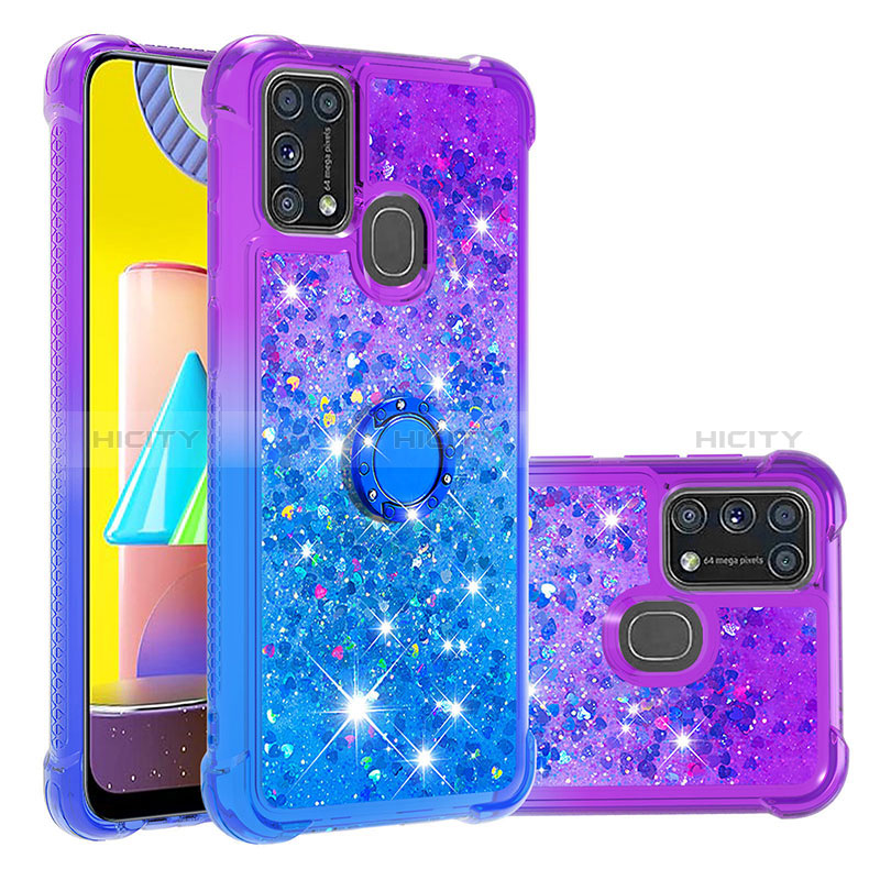 Silikon Hülle Handyhülle Gummi Schutzhülle Flexible Tasche Bling-Bling mit Fingerring Ständer S02 für Samsung Galaxy M21s Violett Plus