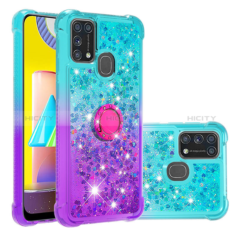 Silikon Hülle Handyhülle Gummi Schutzhülle Flexible Tasche Bling-Bling mit Fingerring Ständer S02 für Samsung Galaxy M31 Hellblau