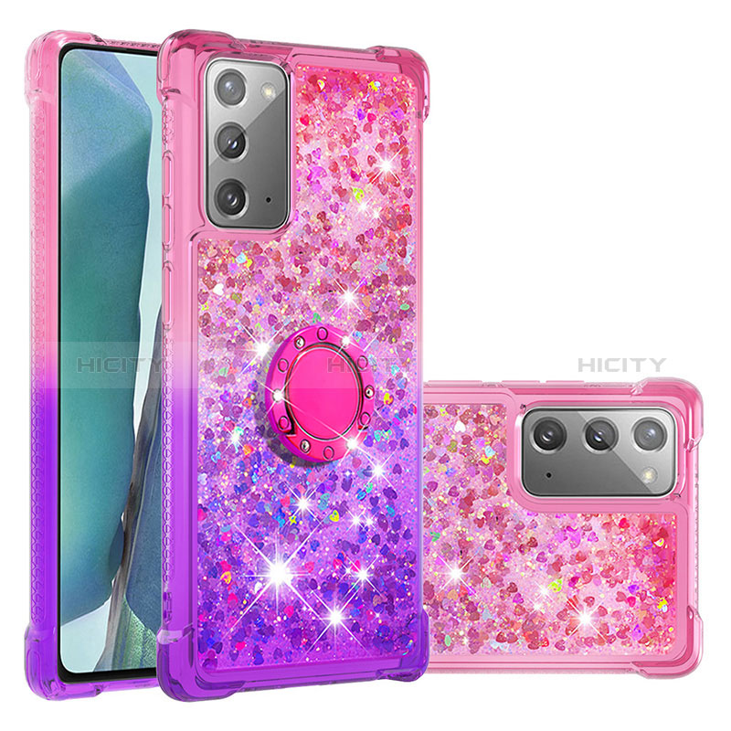 Silikon Hülle Handyhülle Gummi Schutzhülle Flexible Tasche Bling-Bling mit Fingerring Ständer S02 für Samsung Galaxy Note 20 5G Pink