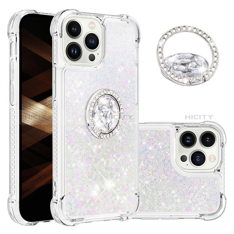 Silikon Hülle Handyhülle Gummi Schutzhülle Flexible Tasche Bling-Bling mit Fingerring Ständer S03 für Apple iPhone 13 Pro Max Silber Plus