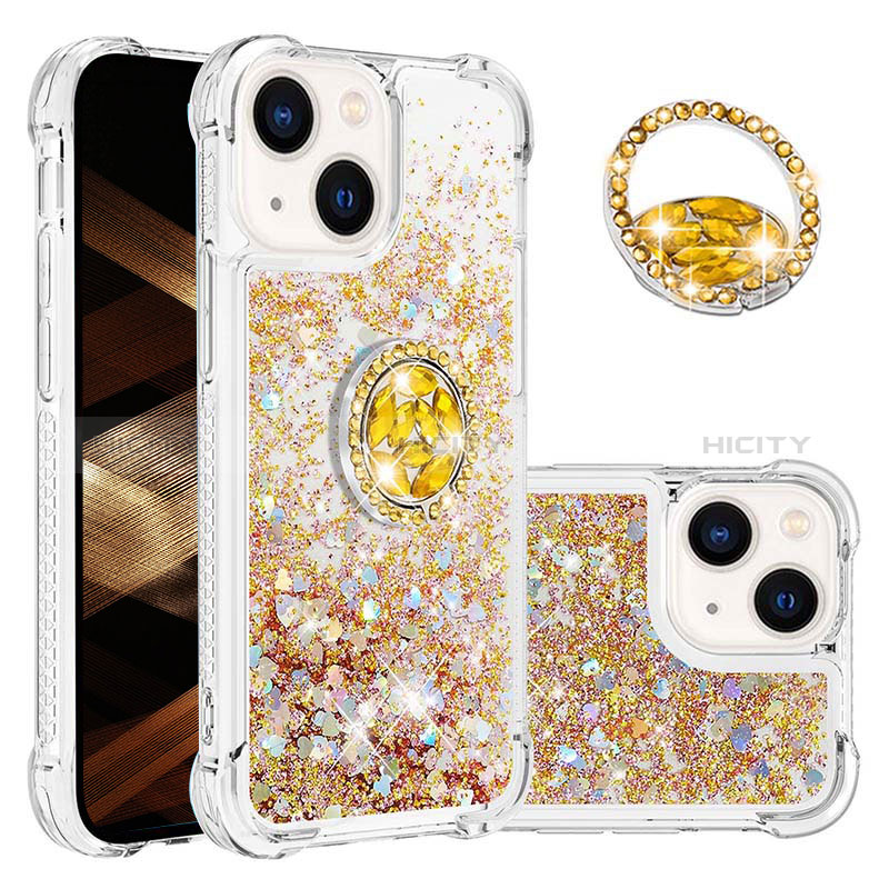 Silikon Hülle Handyhülle Gummi Schutzhülle Flexible Tasche Bling-Bling mit Fingerring Ständer S03 für Apple iPhone 14 Plus Gold Plus