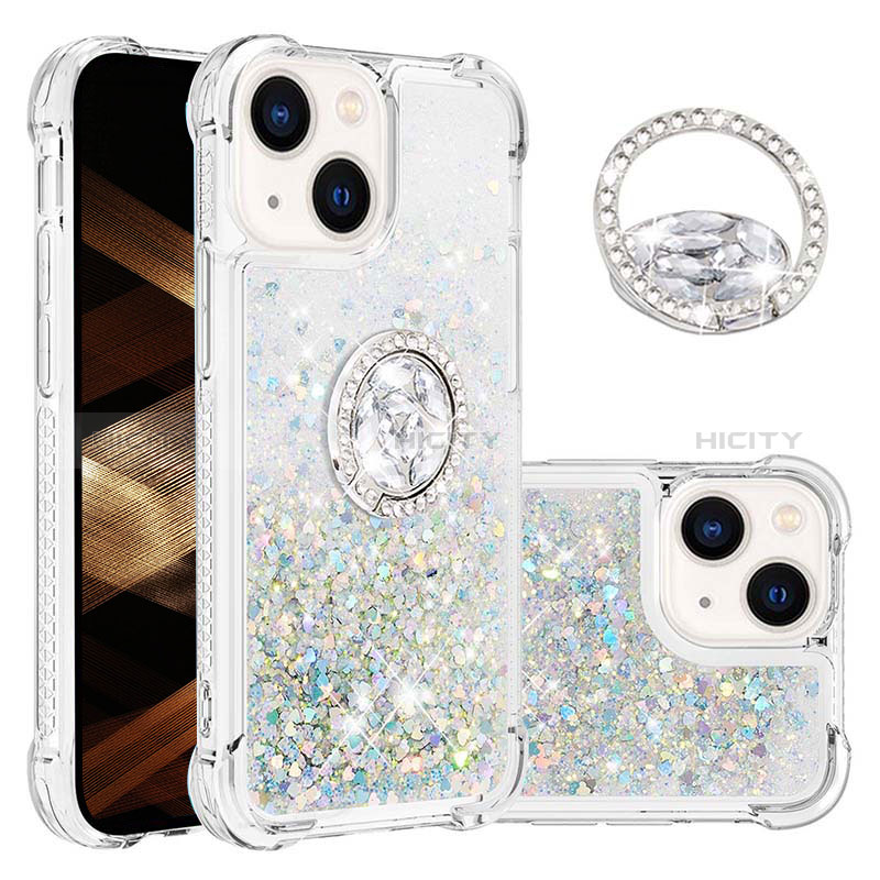 Silikon Hülle Handyhülle Gummi Schutzhülle Flexible Tasche Bling-Bling mit Fingerring Ständer S03 für Apple iPhone 14 Plus Hellblau Plus