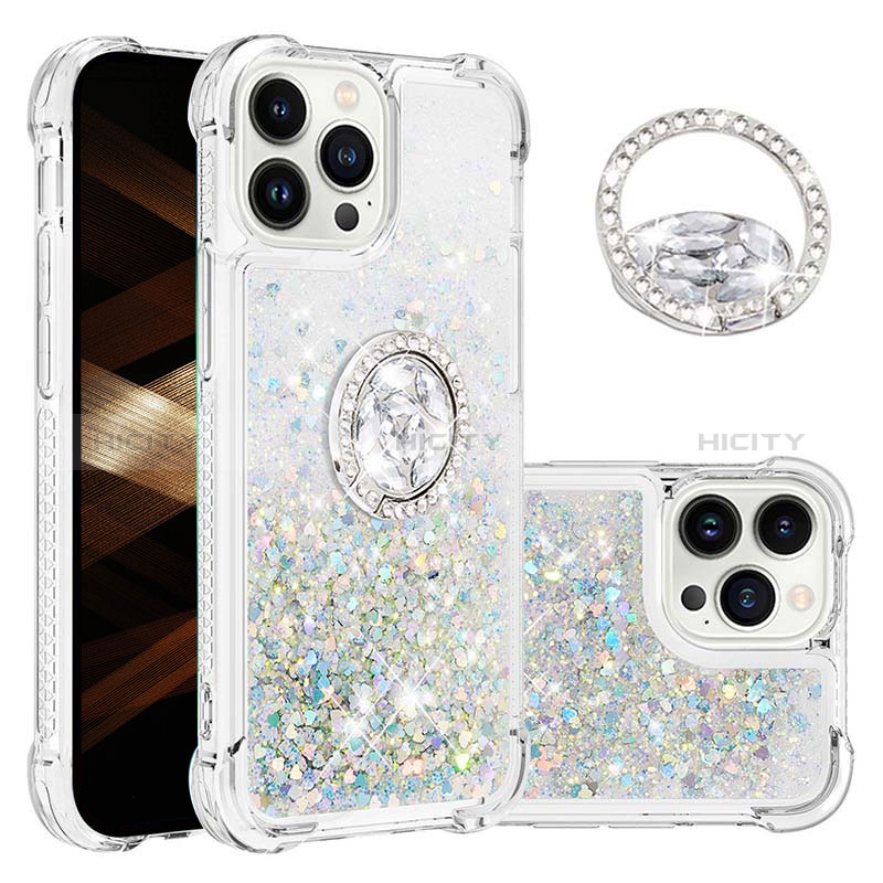 Silikon Hülle Handyhülle Gummi Schutzhülle Flexible Tasche Bling-Bling mit Fingerring Ständer S03 für Apple iPhone 14 Pro