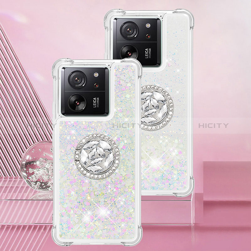 Silikon Hülle Handyhülle Gummi Schutzhülle Flexible Tasche Bling-Bling mit Fingerring Ständer YB1 für Xiaomi Mi 13T 5G Silber Plus