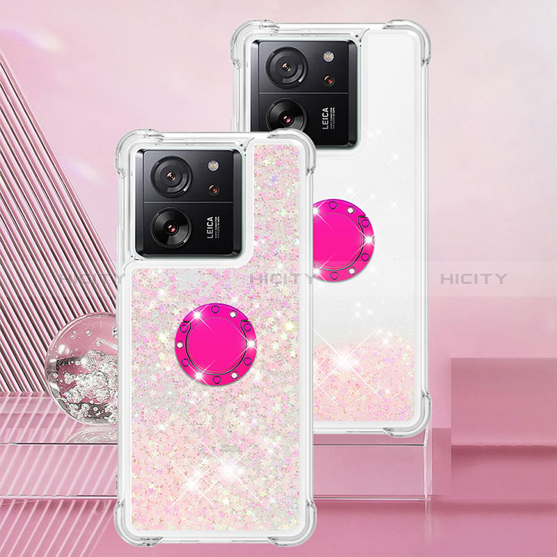 Silikon Hülle Handyhülle Gummi Schutzhülle Flexible Tasche Bling-Bling mit Fingerring Ständer YB1 für Xiaomi Mi 13T Pro 5G Rosa