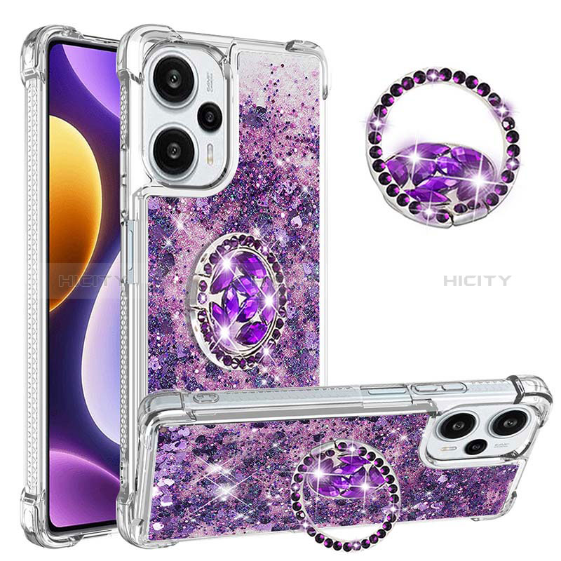 Silikon Hülle Handyhülle Gummi Schutzhülle Flexible Tasche Bling-Bling mit Fingerring Ständer YB1 für Xiaomi Poco F5 5G Violett