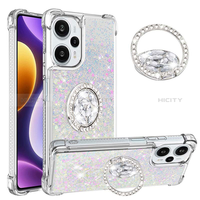 Silikon Hülle Handyhülle Gummi Schutzhülle Flexible Tasche Bling-Bling mit Fingerring Ständer YB1 für Xiaomi Redmi Note 12 Turbo 5G Silber Plus