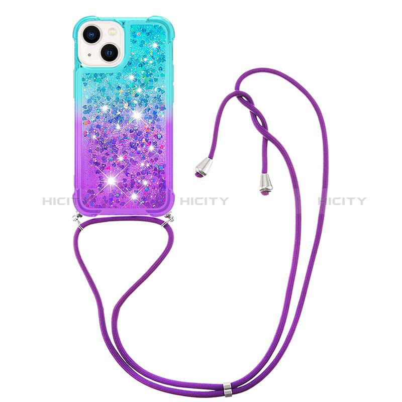 Silikon Hülle Handyhülle Gummi Schutzhülle Flexible Tasche Bling-Bling mit Schlüsselband Lanyard S01 für Apple iPhone 14 Plus