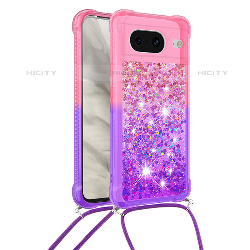 Silikon Hülle Handyhülle Gummi Schutzhülle Flexible Tasche Bling-Bling mit Schlüsselband Lanyard S01 für Google Pixel 8 5G Pink