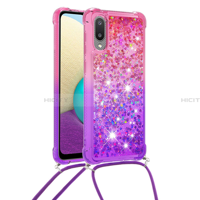 Silikon Hülle Handyhülle Gummi Schutzhülle Flexible Tasche Bling-Bling mit Schlüsselband Lanyard S01 für Samsung Galaxy A02 Rosa