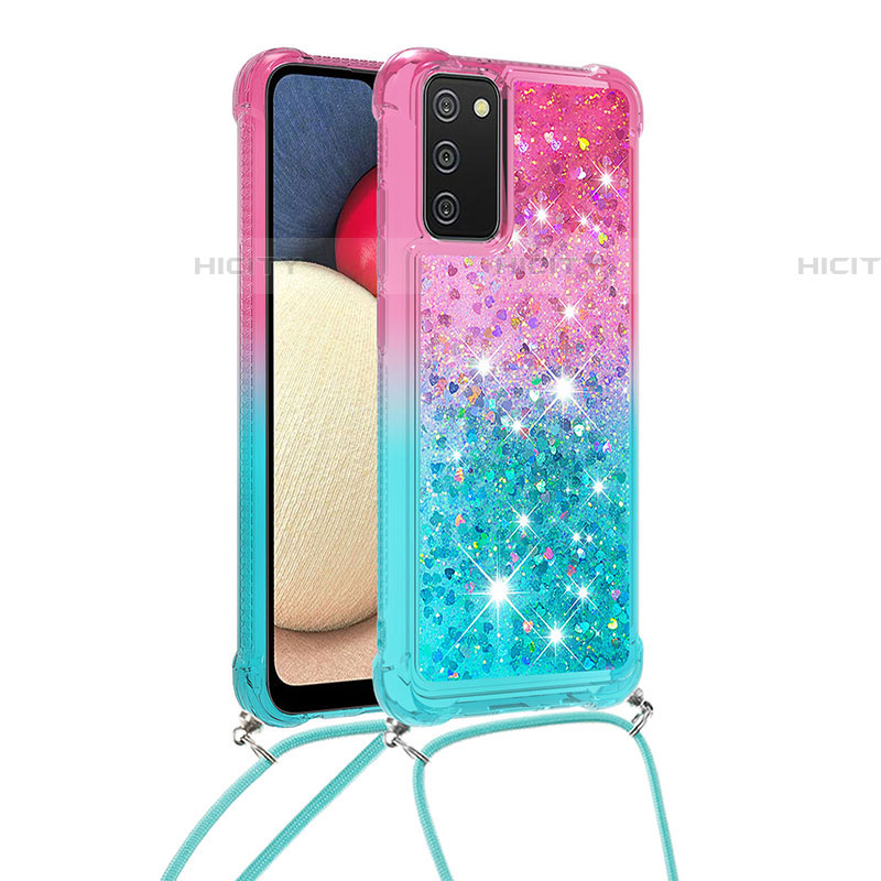 Silikon Hülle Handyhülle Gummi Schutzhülle Flexible Tasche Bling-Bling mit Schlüsselband Lanyard S01 für Samsung Galaxy A03s groß