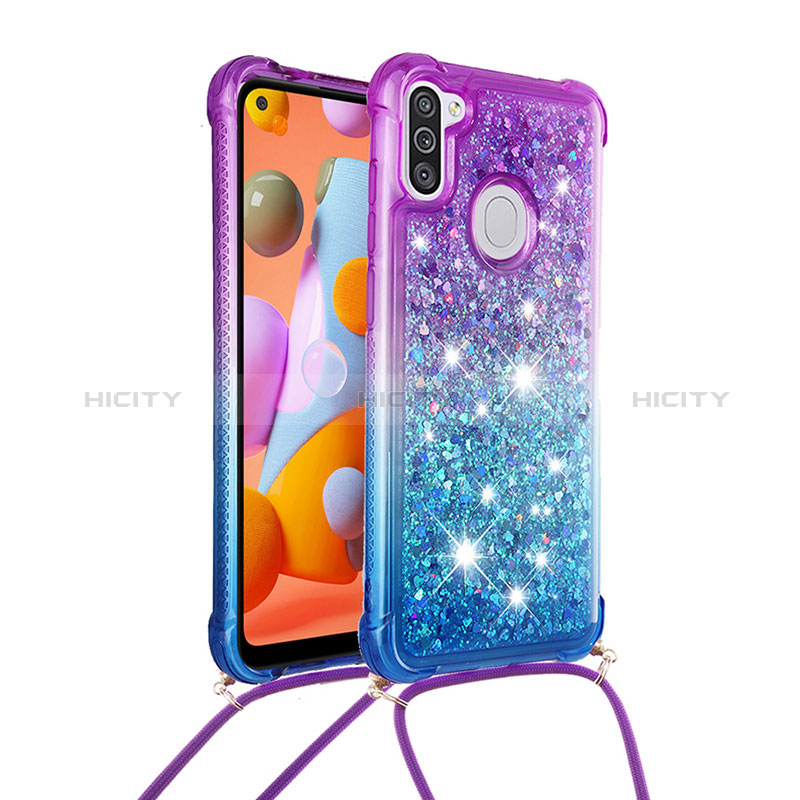 Silikon Hülle Handyhülle Gummi Schutzhülle Flexible Tasche Bling-Bling mit Schlüsselband Lanyard S01 für Samsung Galaxy A11 Violett