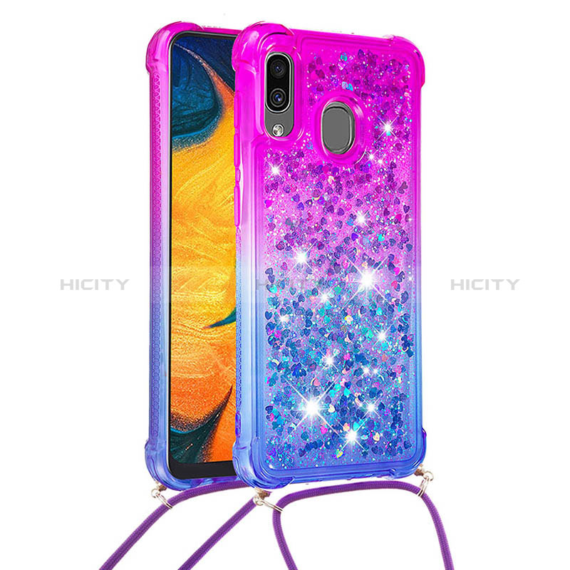 Silikon Hülle Handyhülle Gummi Schutzhülle Flexible Tasche Bling-Bling mit Schlüsselband Lanyard S01 für Samsung Galaxy A20 Violett